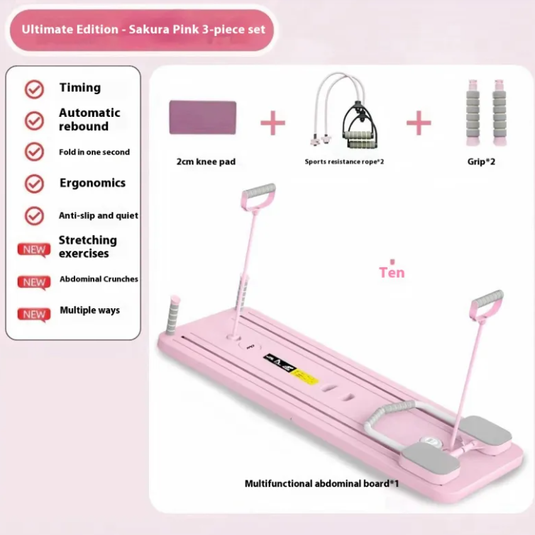 Pink multifunctional abdominal roller board set with two kneeling pads and resistance rope