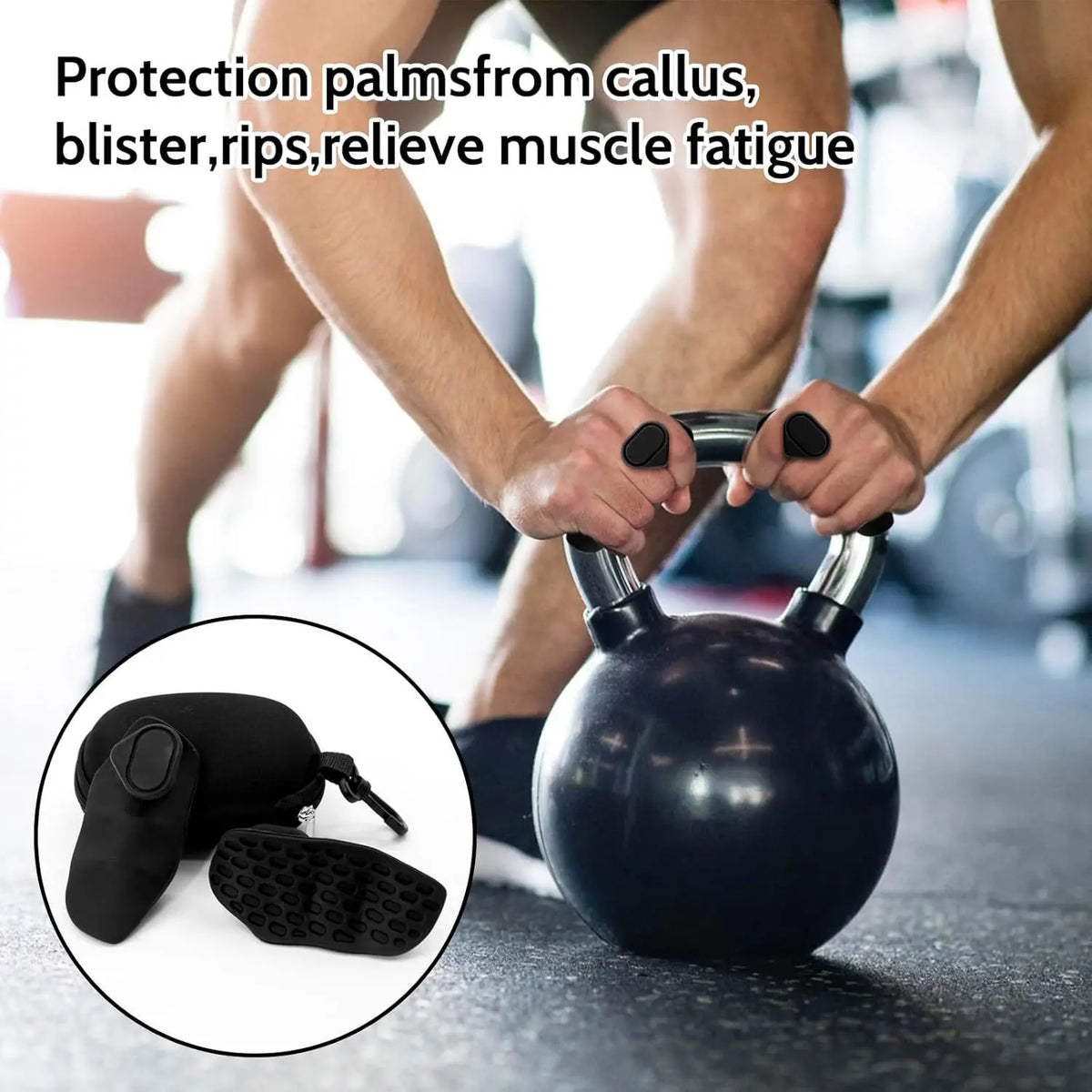 Black spring hand trainer with textured pads and compact pouch with clip