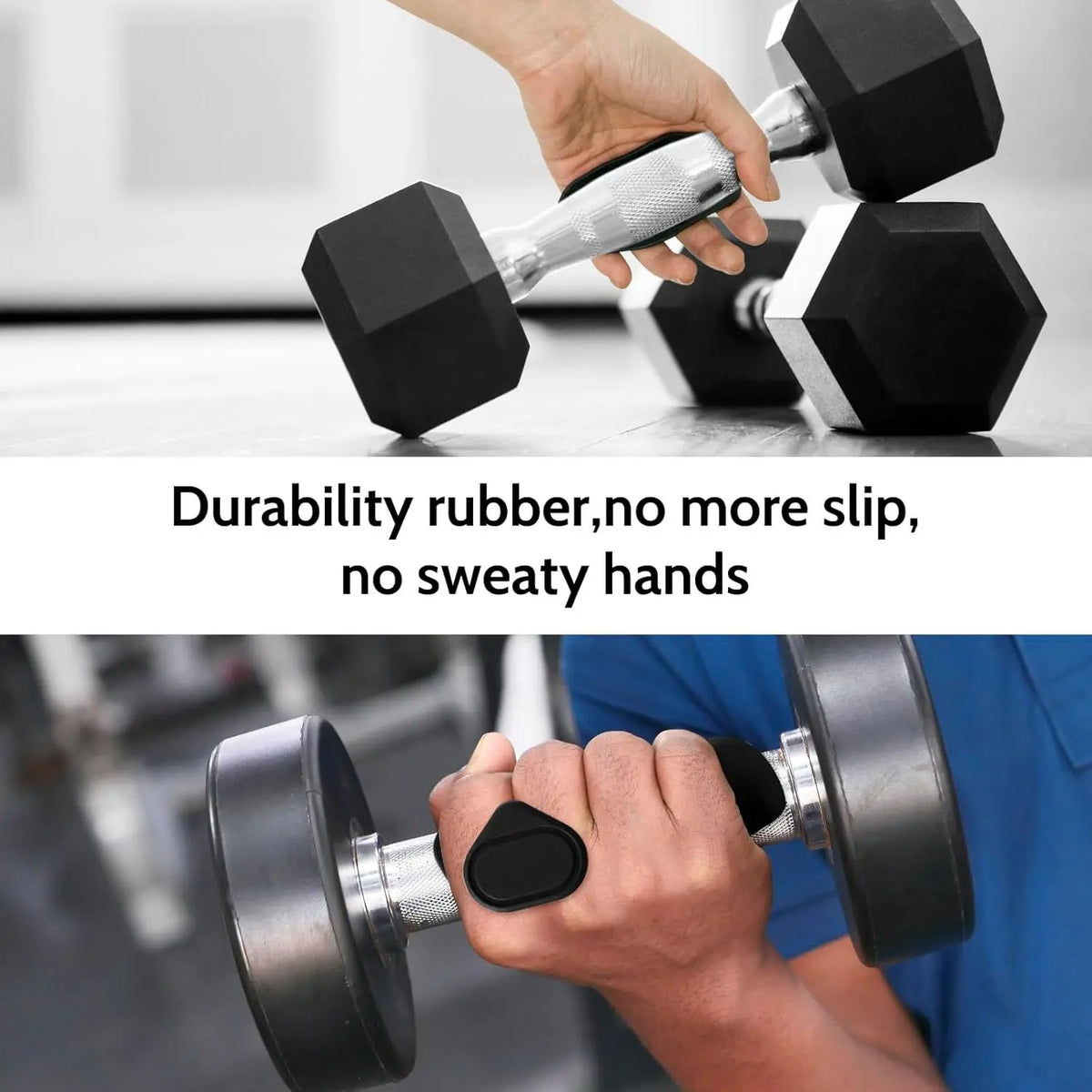 Black grip trainer with textured palm pad and oval cap used while holding dumbbells