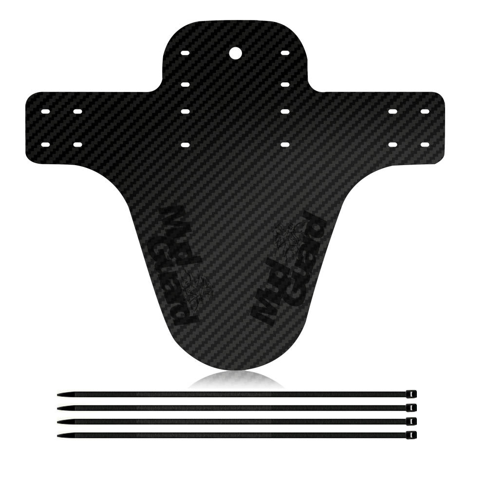 Carbon fiber front mudguard with drilled holes and dark logo, plus 4 mounting straps