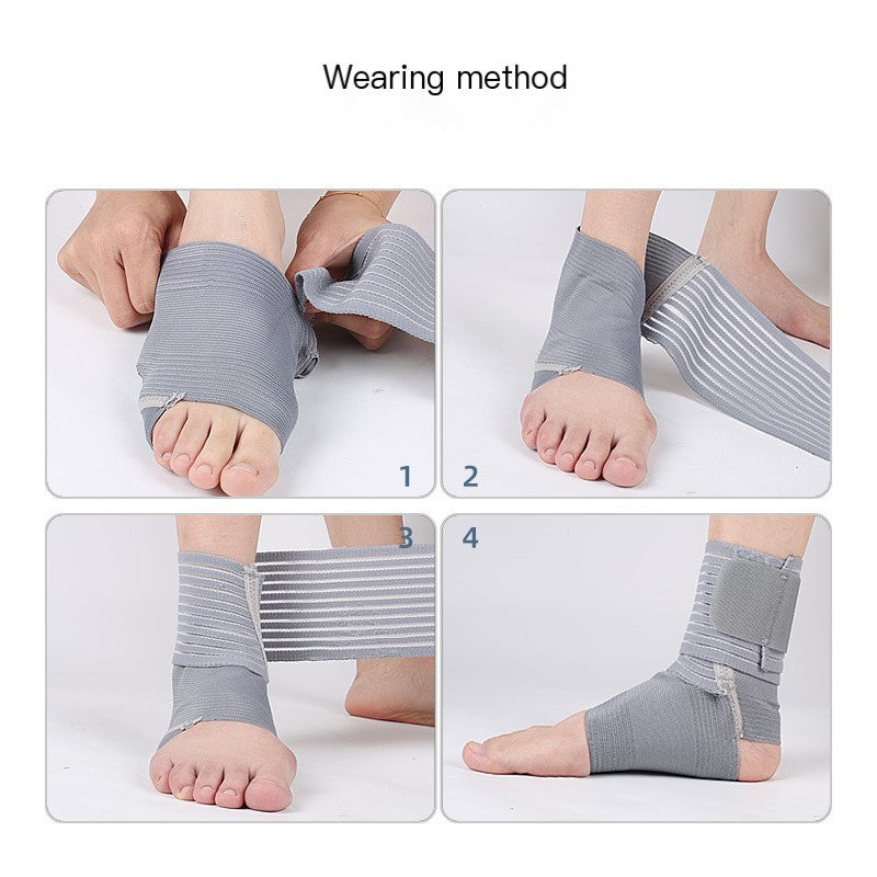 Gray ankle wrap being adjusted with hands at the heel and ankle.