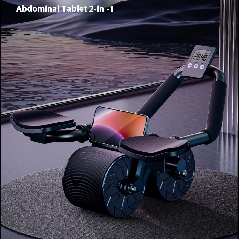 Rebound ab wheel roller with blue wheels, curved handles, and digital display