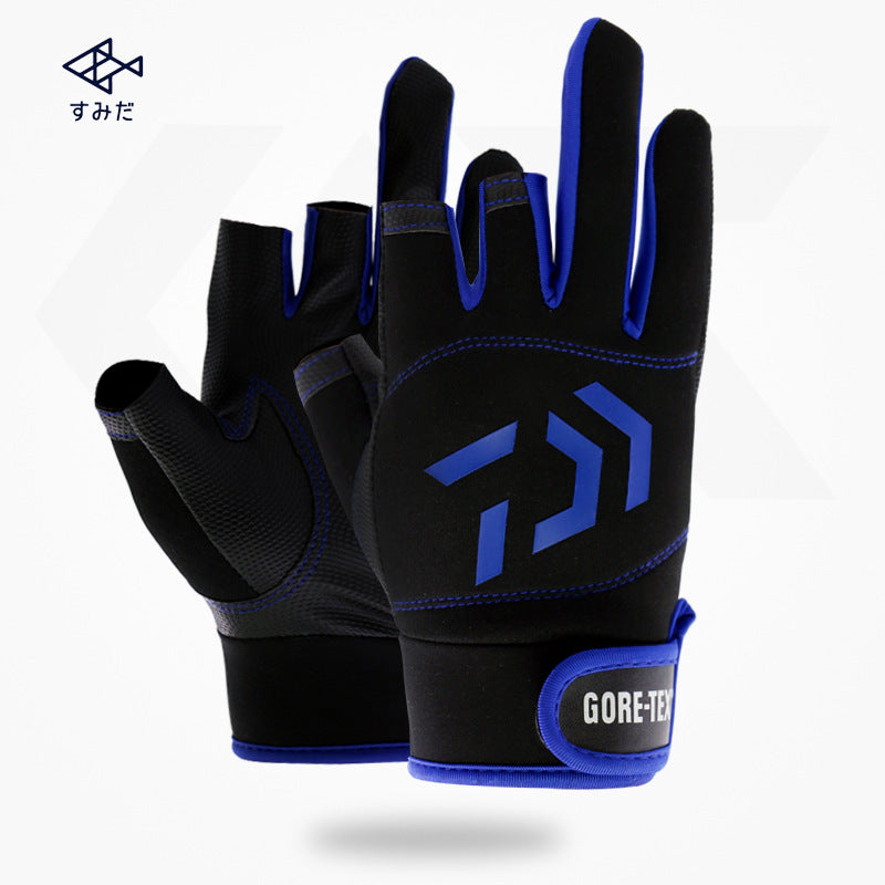 Three-finger fishing gloves, black with blue accents and GORE-TEX wrist patch
