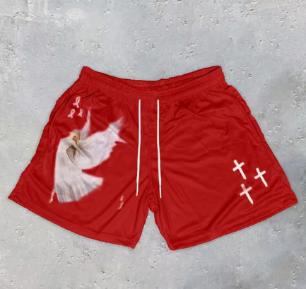 Y2K graphic gym shorts worn for streetwear