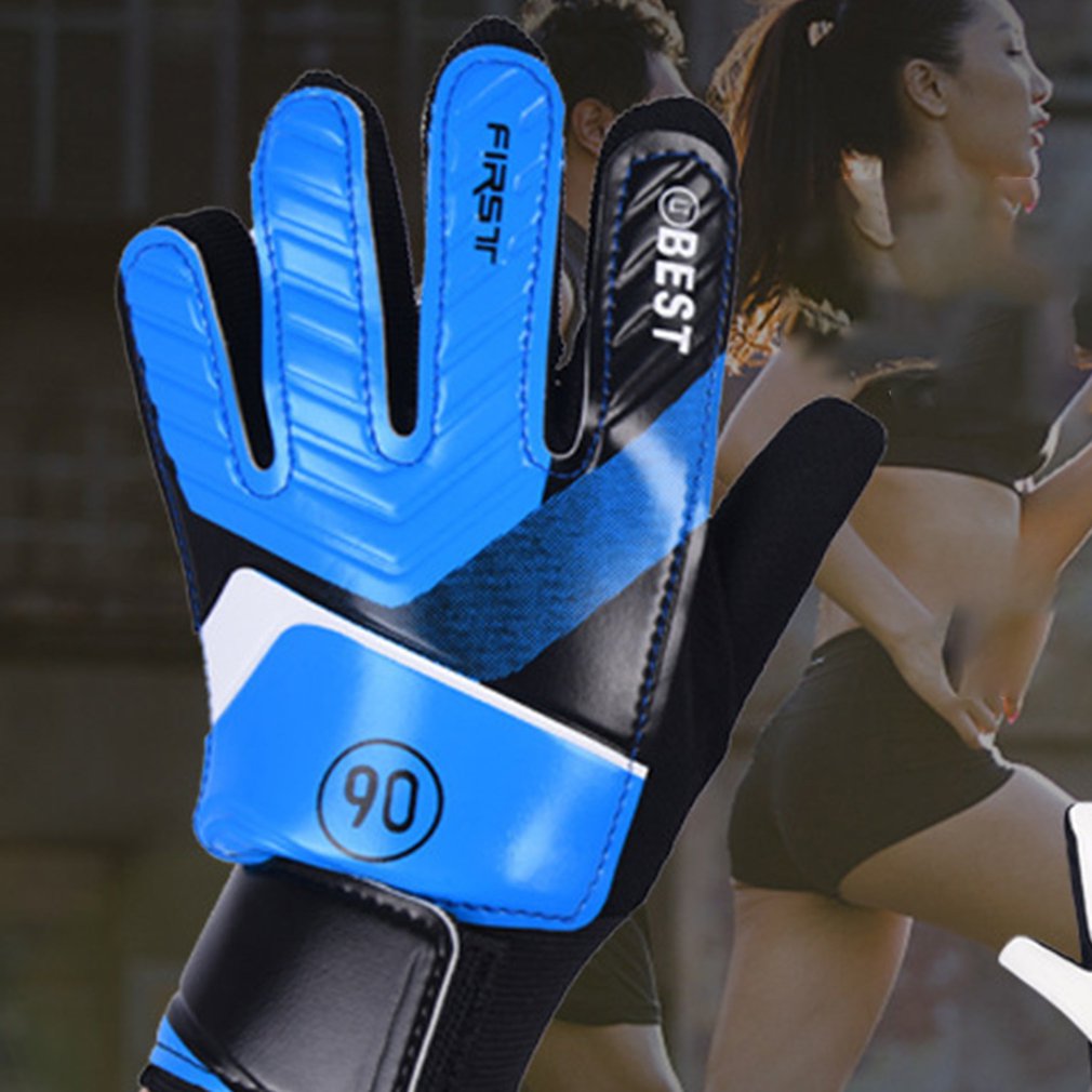 Kids blue goalkeeper gloves with black accents and padded latex grip palm, wrist strap and 90 patch
