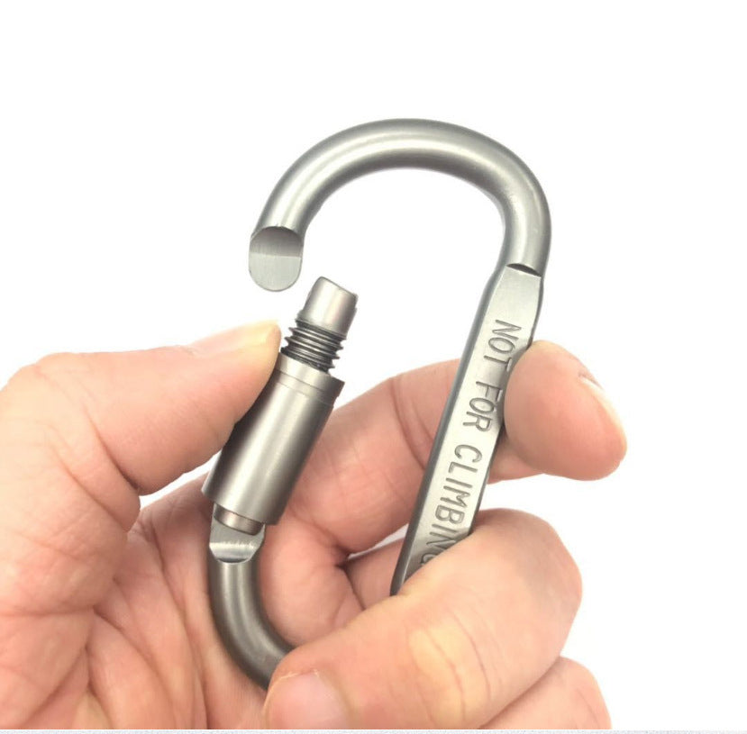 Silver aluminum carabiner clip held in hands with spring latch and gate