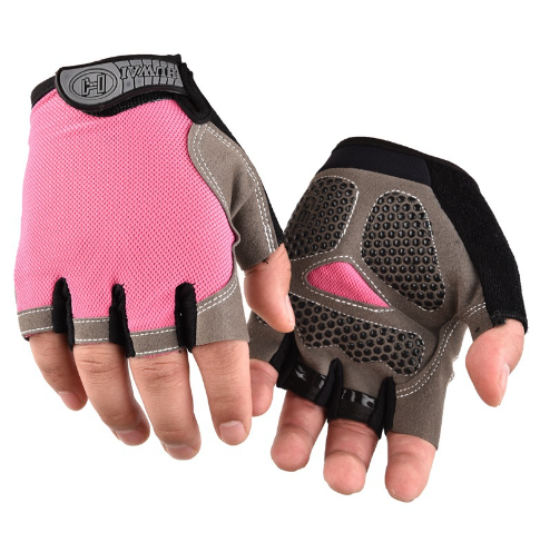 Pink half-finger cycling gloves with black finger tabs and gray palm cushioning