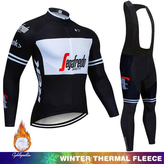 Black and white long-sleeve cycling thermal fleece jersey with matching bib tights