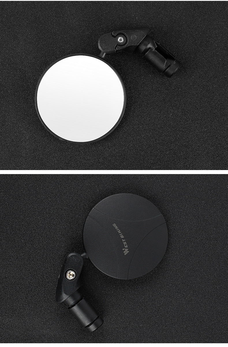 Black bike rearview mirror with circular back cover and clamp hardware