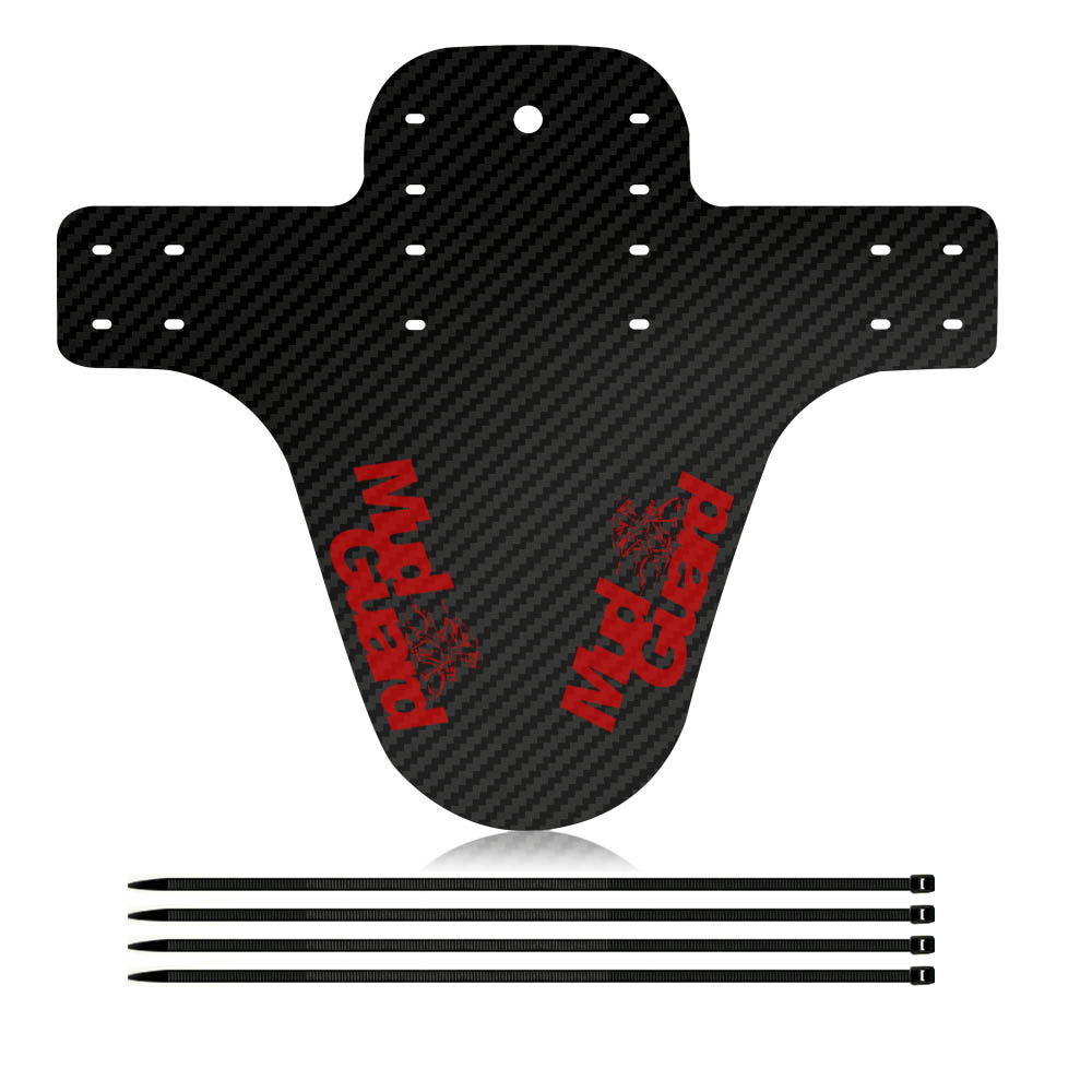 Carbon fiber front mudguard with drilled holes and red logo, plus 4 mounting straps