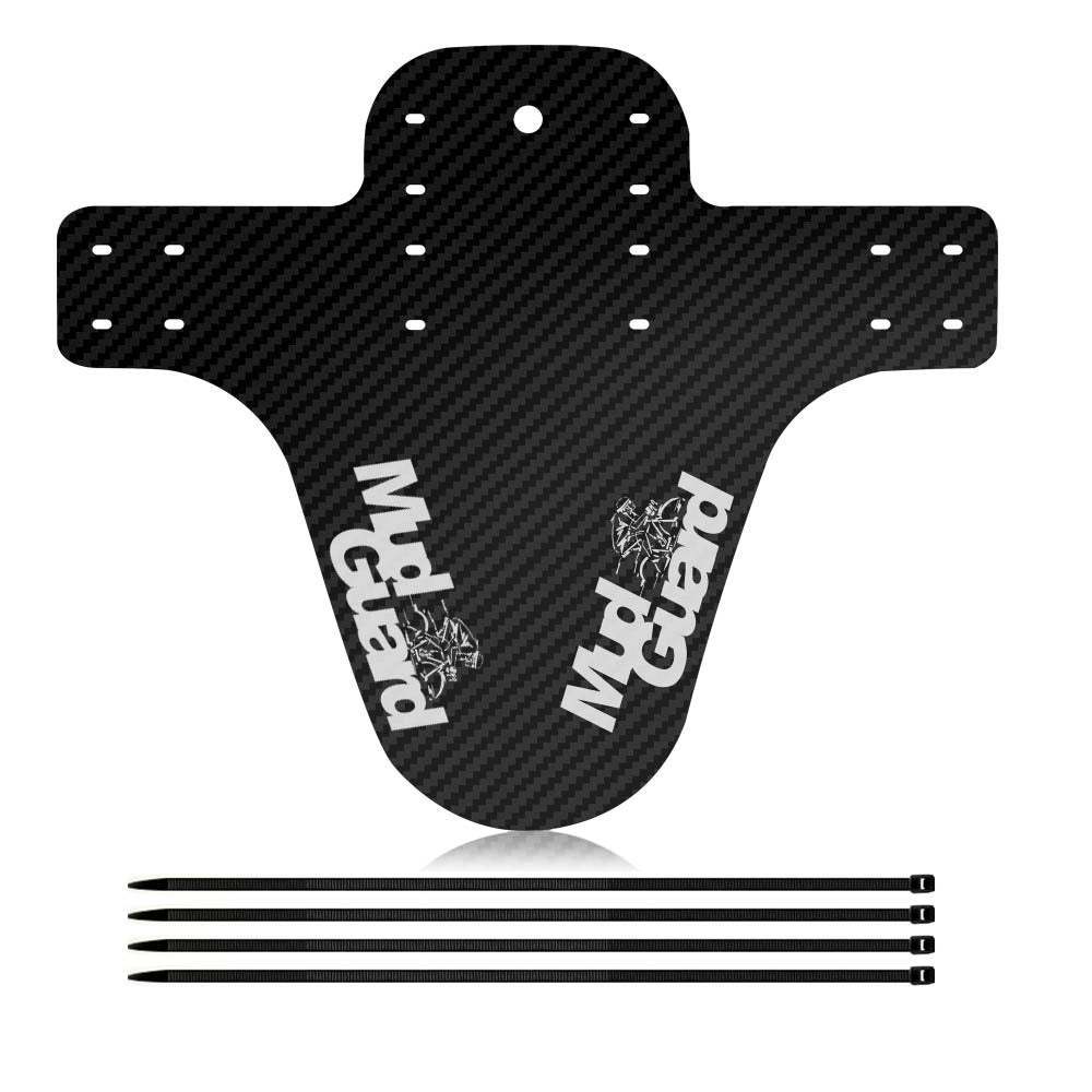 Carbon fiber mountain bike mudguard with white MXGuard logo and mounting straps