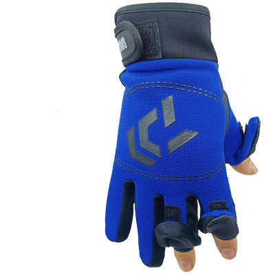 Three-finger fishing gloves, blue with dark wrist and gray arrow logo