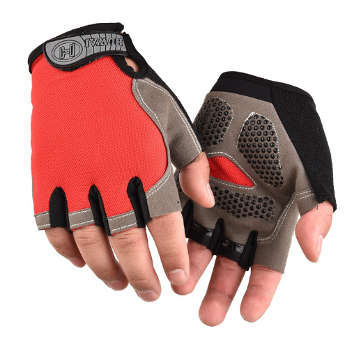 Half-finger cycling gloves, red and black with textured grip palm and gray panels