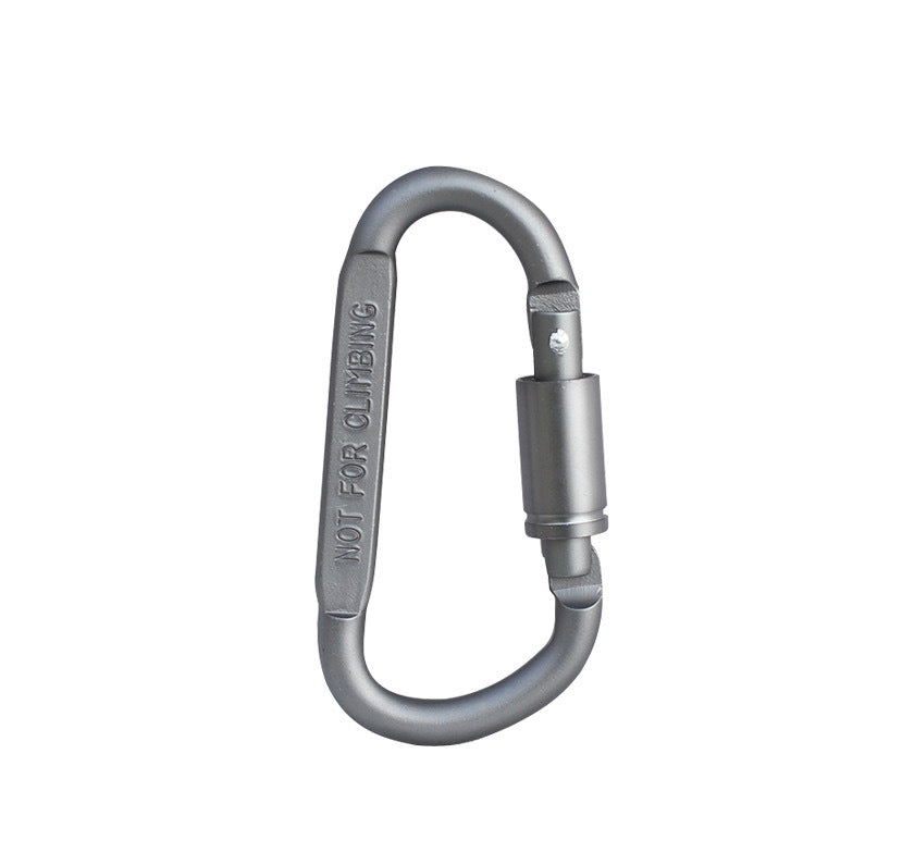 Silver aluminum D-shaped carabiner clip with 'NOT FOR CLIMBING' text on loop