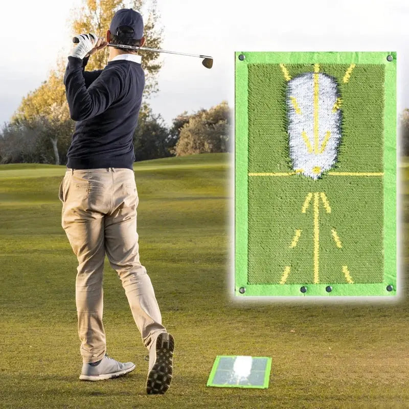 Green golf training mat with yellow ball guide lines and corner grommets