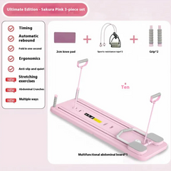 Pink multifunctional abdominal roller board set with two kneeling pads and resistance rope