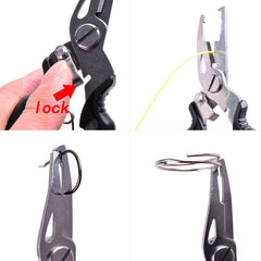 Fishing hook remover pliers with locking mechanism, black handles