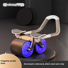 Automatic rebound ab wheel roller with bright blue resistance wheel and kneeling pad