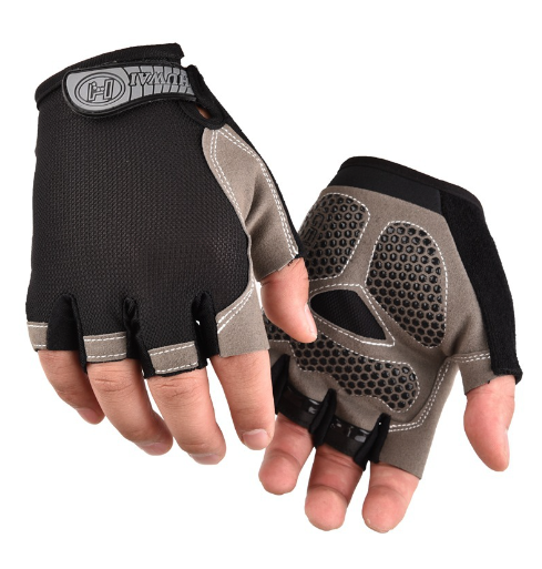 Black and gray half-finger cycling gloves with textured palm grip panels