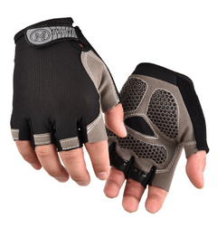 Black and gray half-finger cycling gloves with textured palm grip panels