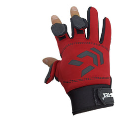 Three-finger fishing gloves, red palm with black back and gray arrow logo