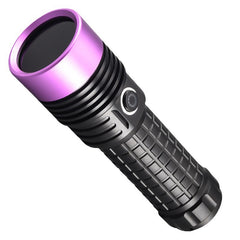 Black and purple UV flashlight head with rounded bezel and textured handle grip
