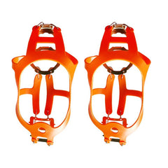 Orange ice cleats with steel traction teeth and adjustable straps