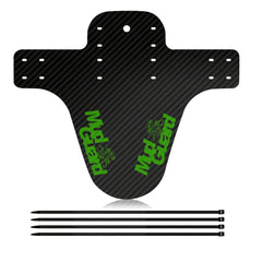 Carbon fiber mountain bike mudguard with green and pink MXGuard lettering and straps