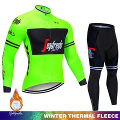 Men's cycling thermal fleece jersey and bib shorts set, neon green/black long sleeve