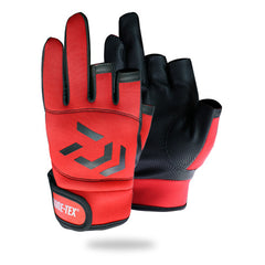 Three-finger fishing gloves, red and black with arrow logo and GORE-TEX patch