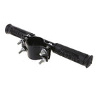 Kids scooter handlebar with black grips and metal folding hardware, angled view
