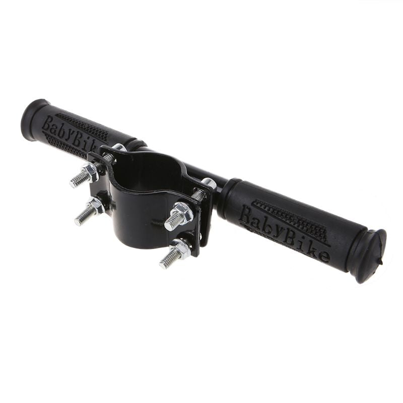 Kids scooter handlebar with black grips and metal folding hardware, angled view