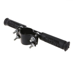 Kids scooter handlebar with black grips and metal folding hardware, angled view