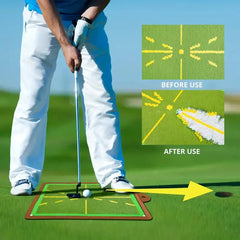 Green golf training mat with yellow alignment lines and arrow marks