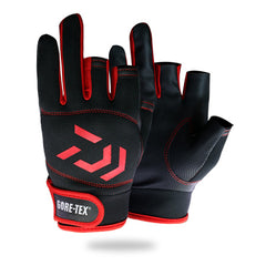 Three-finger fishing gloves, black with red trim and large red arrow logo