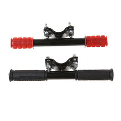 Kids scooter handlebar with red grips and black fork assembly with clamps