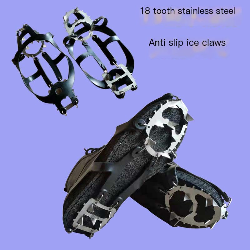 Black ice cleats with steel teeth and elastic straps for winter shoe grip