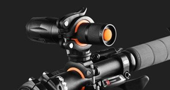 Black bike phone holder with handlebar clamp and rotating 360° mount, orange accents