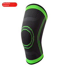Black knee pad with neon green trim and circular kneecap padding