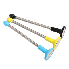 Golf swing indicator tool with three metal rods, yellow and blue pegs, black end