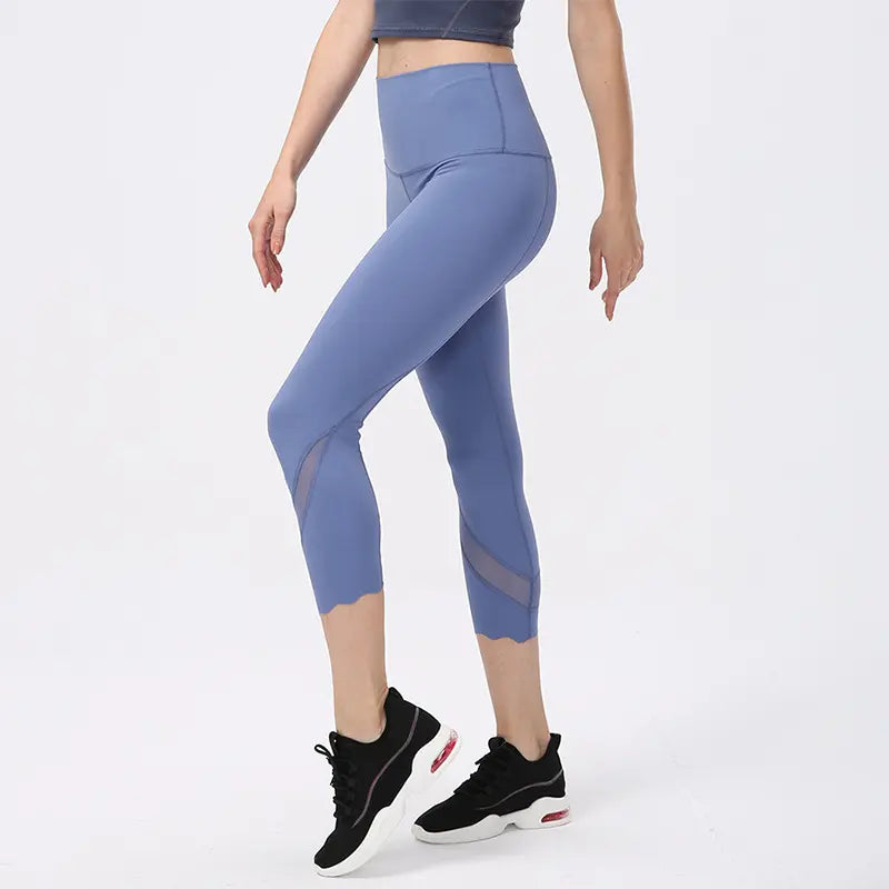 Light purple gray high-waist cropped sports leggings with sheer side panel