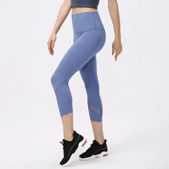 Light purple gray high-waist cropped sports leggings with sheer side panel