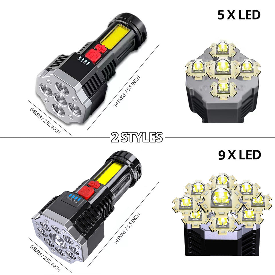 Rechargeable LED flashlight with 5 and 9 LED head views and red switch