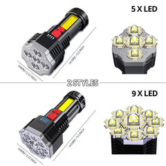 Rechargeable LED flashlight with 5 and 9 LED head views and red switch