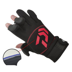 Three-finger fishing gloves in black neoprene with red logo and hook-and-loop cuff