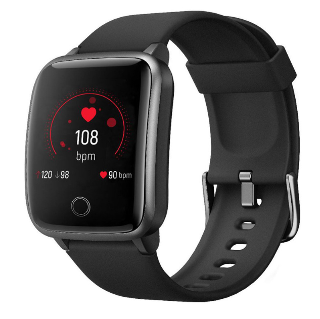 Black smartwatch with heart-rate display and black silicone fitness band