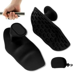 Black grip strengthener hand trainer with textured finger pad and oval base, plus pouch