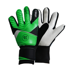 Kids green and white goalkeeper gloves with black side panels and cushioned grip palm, wrist strap