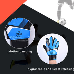 Kids goalkeeper gloves with blue palms and black fingers, showing padded grip and wrist cuff.