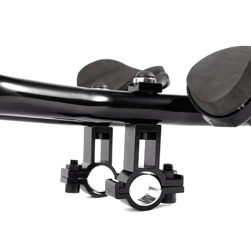 Black aero handlebar extension rest clamp with central bolt and two comfort pads